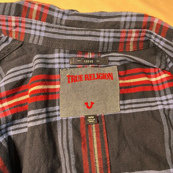 True Religion Shirt Men's M Button Down Raw Edge Slouch Red Blue Plaid Patriotic - Picture 5 of 11
